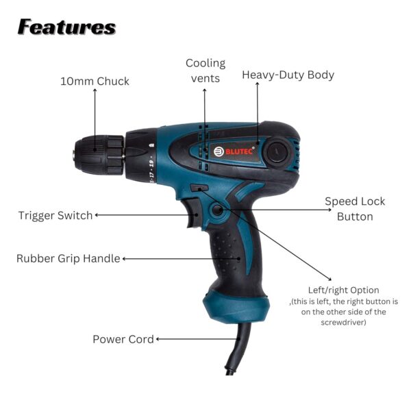 BLUTEC Electric Screwdriver Drill With Led Function BSB-10SC, 10mm - Image 3