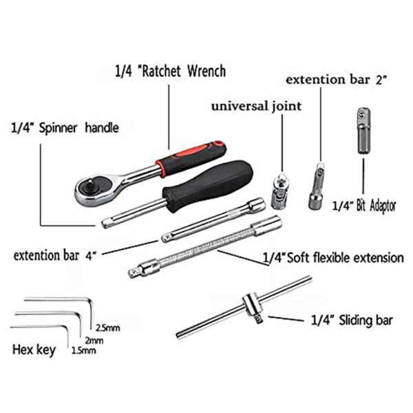 46 pcs set (10) HORSUCDA 46 Pcs 1/4” Drive Socket Ratchet Wrench Set with Storage Case - Image 7