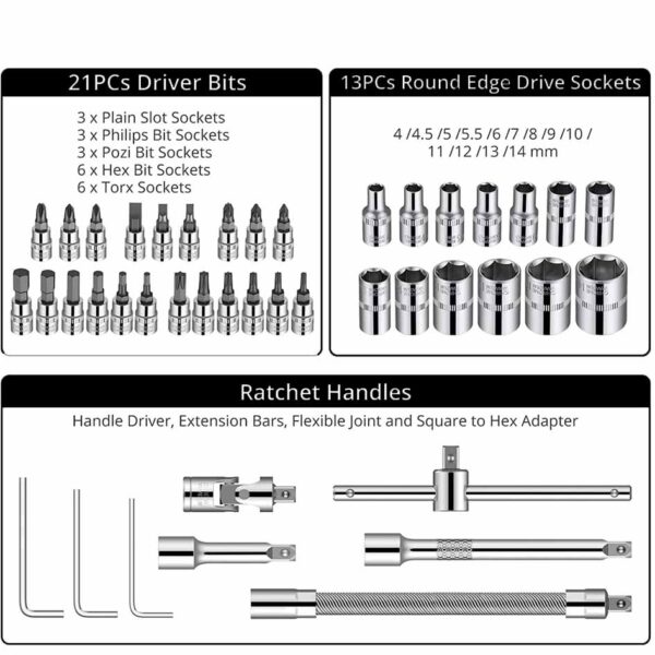 46 pcs set (8) HORSUCDA 46 Pcs 1/4” Drive Socket Ratchet Wrench Set with Storage Case - Image 6