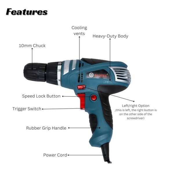 BLUTEC Electric Screwdriver Drill BSB-10B, 350W, 10mm Chuck - Image 4