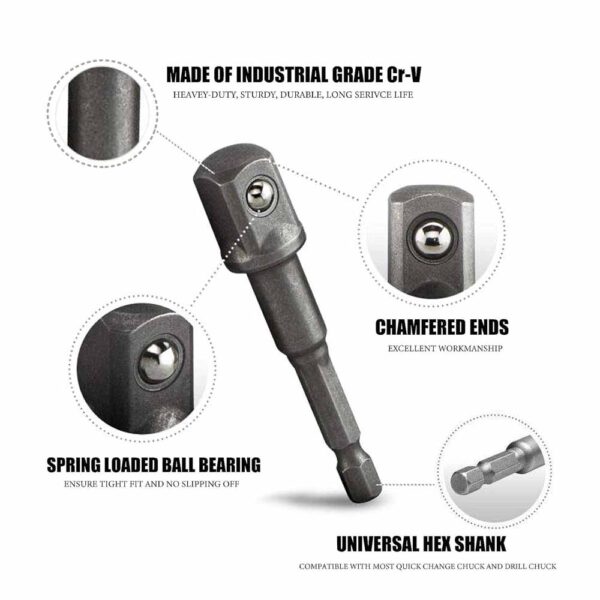 OPERA TOOLS CRV Steel Heavy Duty 1/2" Hex Shank Wrench Socket To Power Drill Adapter Bit 5 Pcs - Image 2